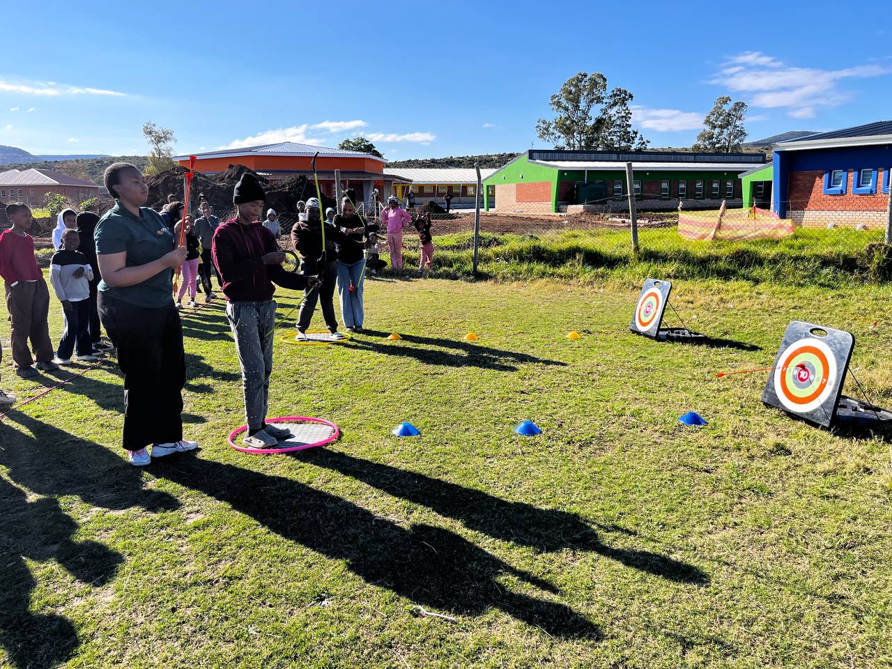 South African school learners taking part in an MGA archery team-building activity