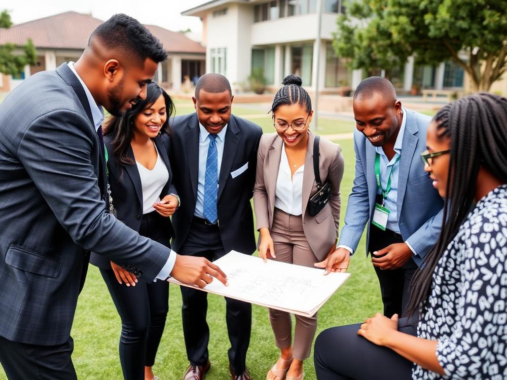 Diverse South African corporate team solving a problem-solving challenge outdoors during a team-building day
