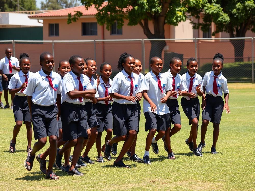 South African high school learners taking part in a school team-building relay on their sports field
